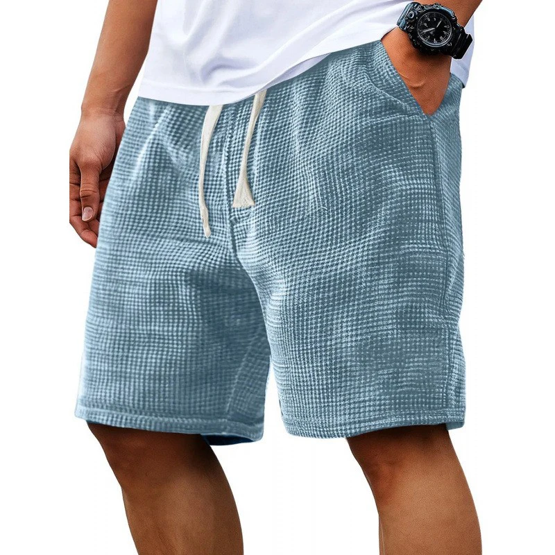 Herren-Shorts aus Waffelstrick, lässig, elastischer Bund mit Kordelzug, lockere Passform, für den Sommer, Alltag, Strand, leichte Sportshorts – Detail 7