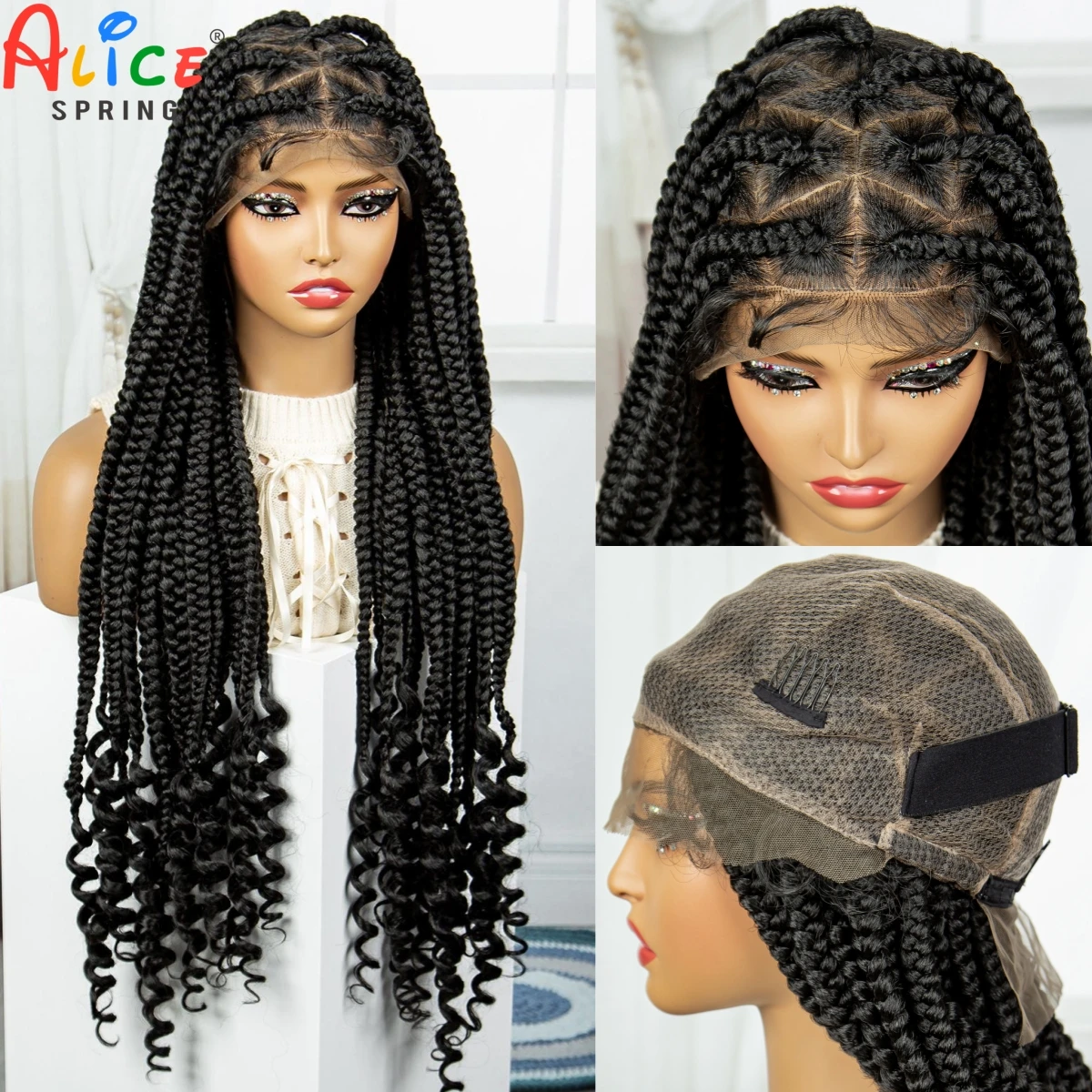 34Inch Full Lace Braids Wigs Synthetic Lace Braided Wigs with Baby Hair Natural Twisted Braiding Lace Front Wigs with Curly Ends