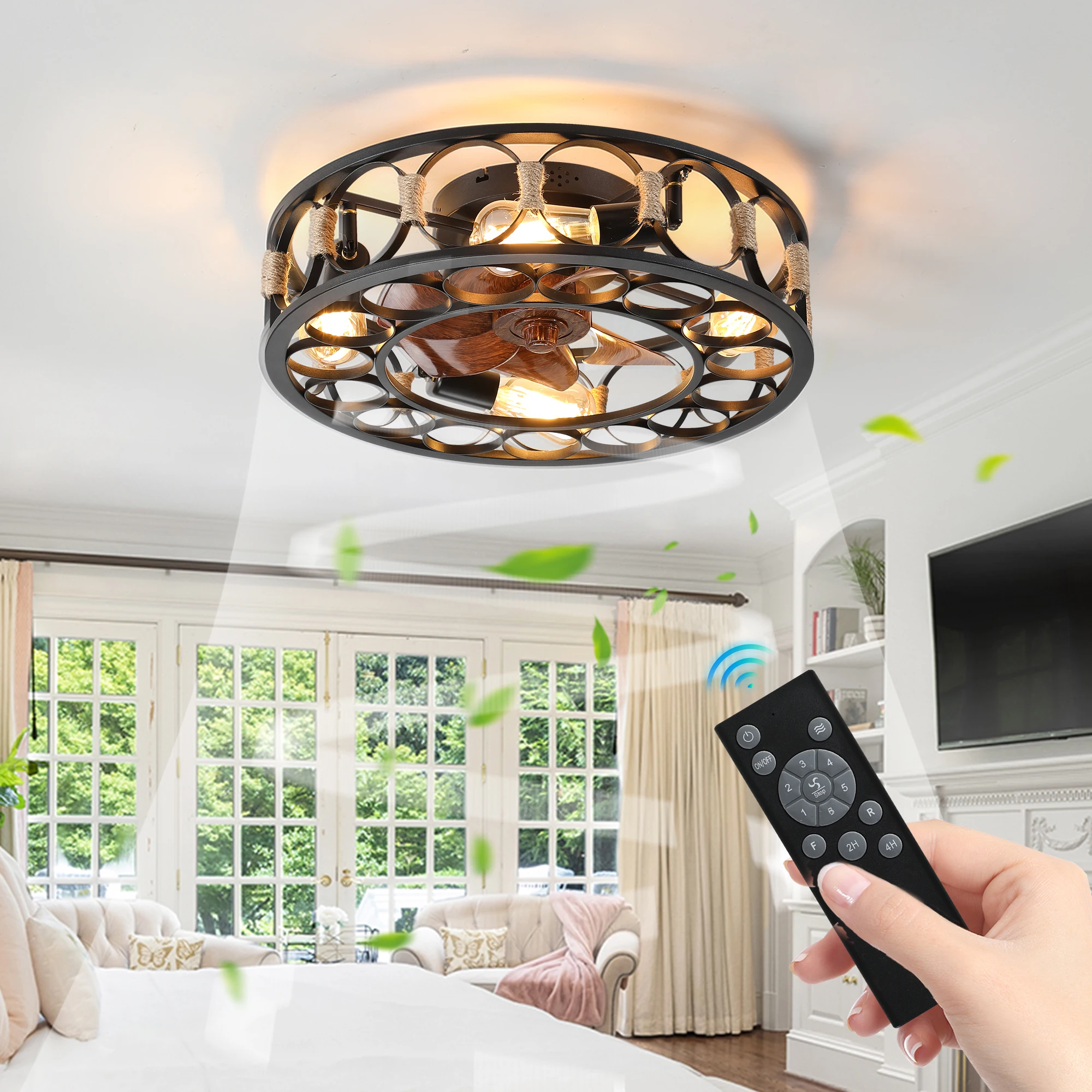 Black Caged Ceiling Fan with Lights Remote Control, Farmhouse Ceiling fans, 6 Speeds Reversible Blades, 5 Bulbs Include