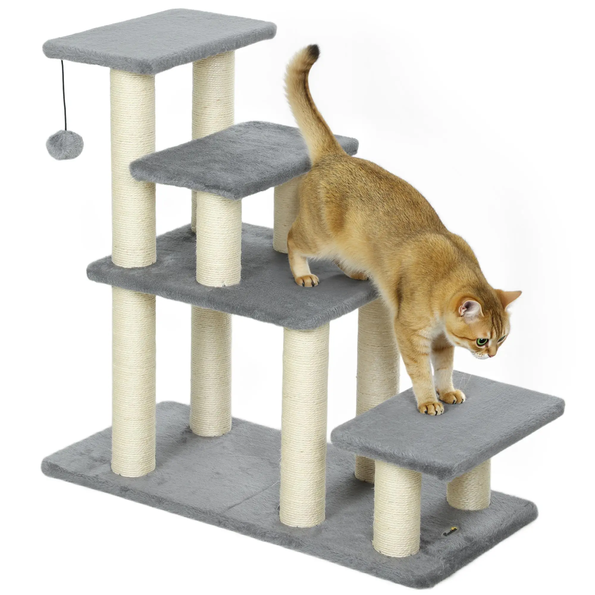 Structure d'escalade réglable 3/4 niveaux pour chats et petits chiens, 70x32x68 cm, avec poteau en sisal et balle de jeu, gris