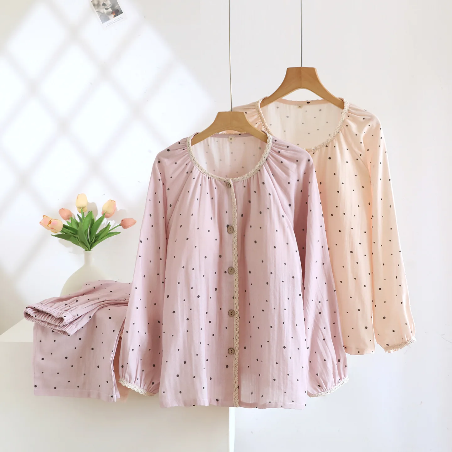 

Cotton Gauze Women Pajamas Sleepwear Female 2 Piece Set Polka Dot Print Nightwear Pyjamas Home Clothes Loungewear