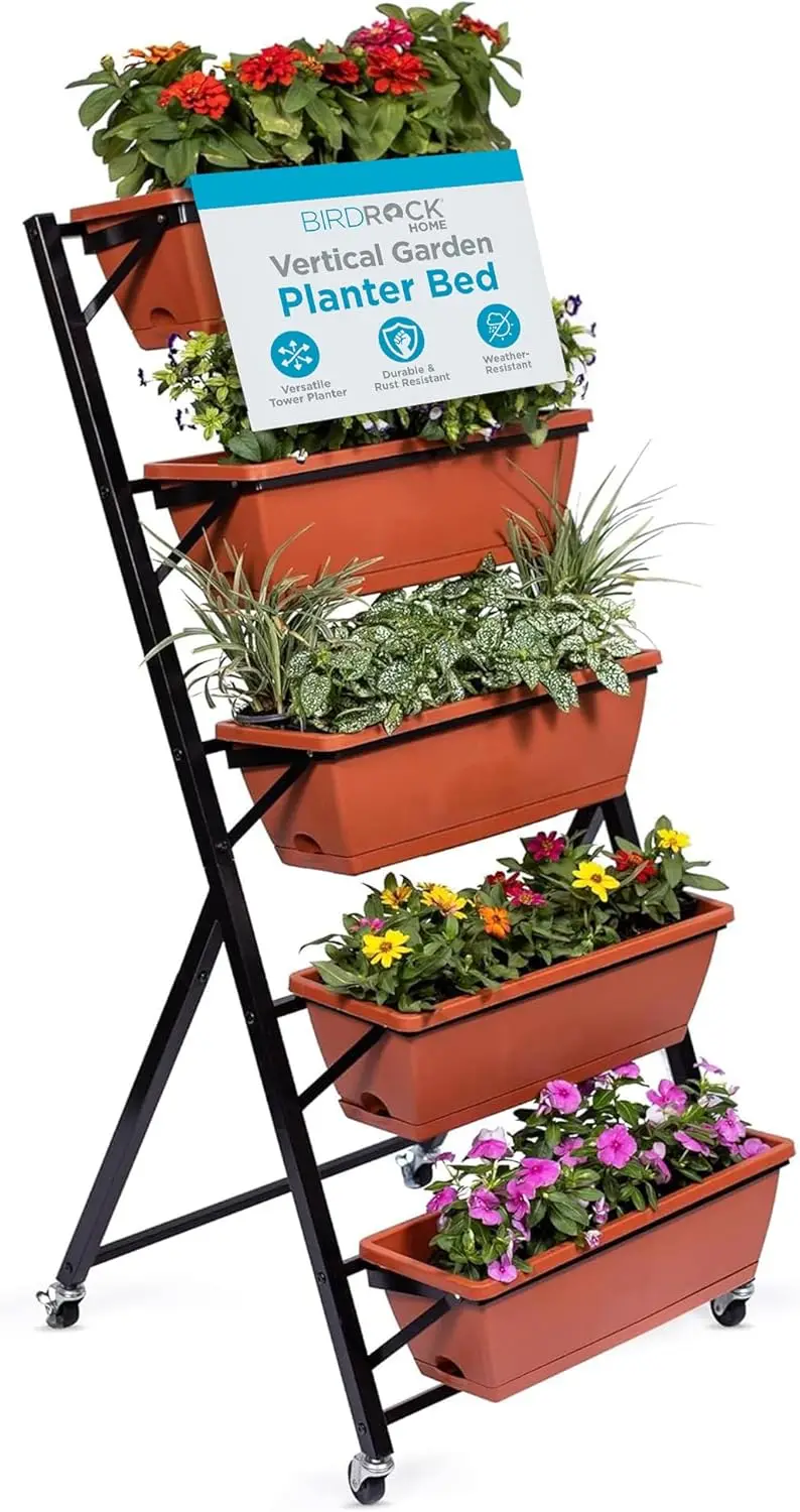 5-Tier Rolling Vertical Garden Planter Bed for Herbs Flowers Vegetables Indoor Outdoor Metal Weather Resistant
