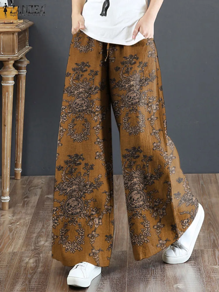 

ZANZEA Vintage Women Trousers Bohemian Elastic Waist Floral Printed Pants Casual Loose Wide Leg Pantalon Fashion Work Palazzo