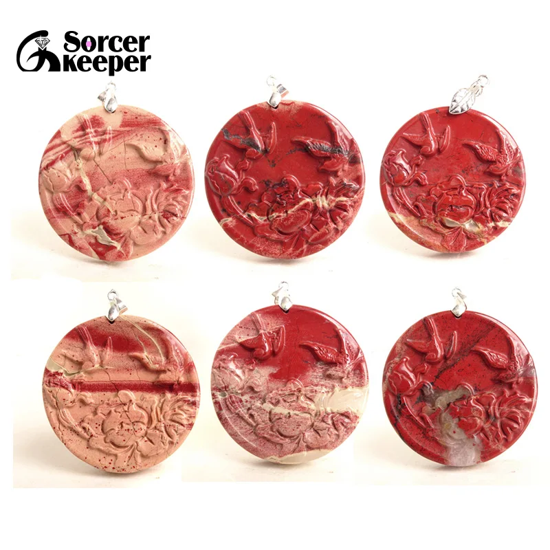 Hand-carved Peony Natural Red jasper Stone Pendant Beads For Women  Sweater Chain Necklace Bloodstone Collar Jewelry BG535