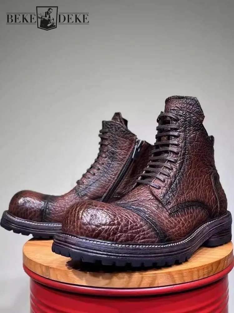 

Cowhide Genuine Leather Work Shoes Men Round Toe High Top Motorcycle Riding Ankle Boots Vintage Outside Casual Safety Boots Zip