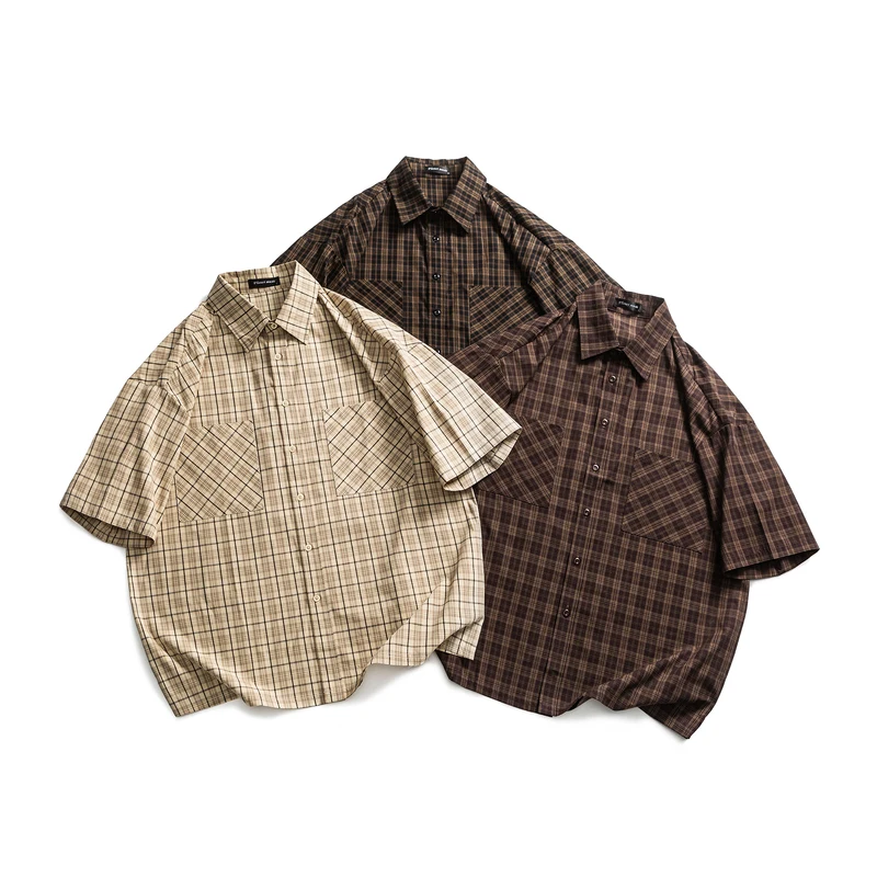 

Retro Japanese Sle Pure Cotton Plaid Button-Up ort Sve Casual irt Loose Fit Summer New Arrival Versatile for Couples