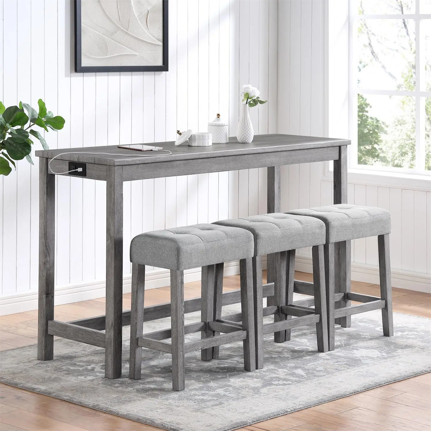 60'' Industrial Grey Solid Wood Bar Table Set with Power Outlet and 3 Grey Chairs for Living Room Dining Room Game Room