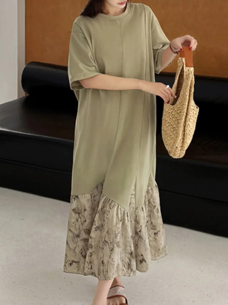 فستان نسائي صيفي جديد غير منتظم من كوريا فستان طويل من فيستدوس رداء Elbise فضفاض مقاس كبير بحاشية مرقعة لون أسود