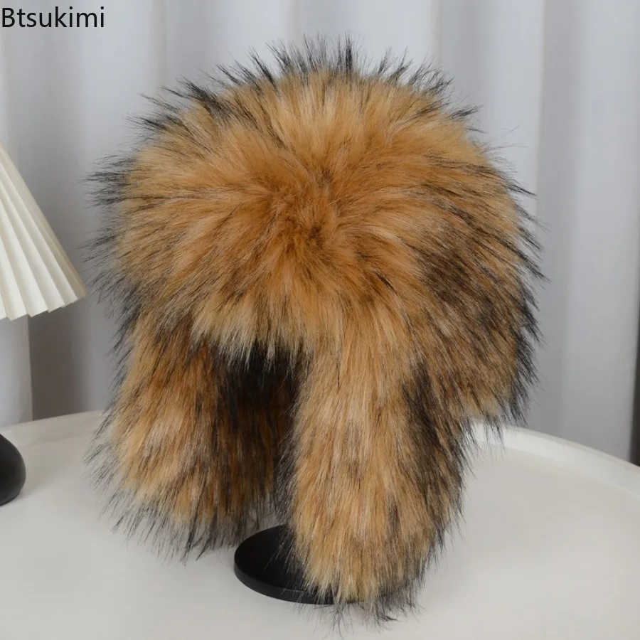 

New Men's Fluffy Bomber Hats Faux Fur Russian Style Winter Round Earflap Cap Warm Round Earflap Faux Fur Hats for Women and Men