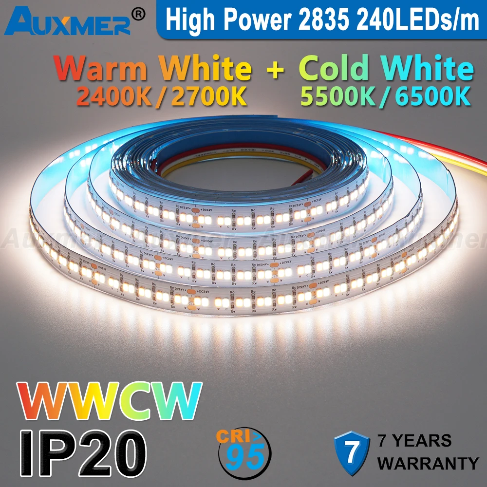 Auxmer 2835 WWCW LED-Streifenlichter, 120 LEDs/m, 240 LEDs/m, CRI>95 Superhelle Flex-LED DC12/24 V, 5 m/Rolle, CCT 2400 ~ 6500 K, IP20, 3SDCM