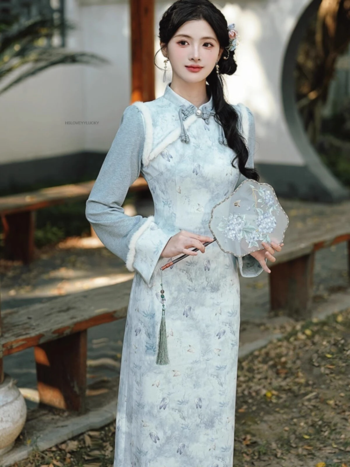 

Новое современное женское улучшенное Cheongsam в китайском стиле, осень-зима, новое элегантное толстое тонкое длинное платье, винтажное синее платье с принтом Qipao