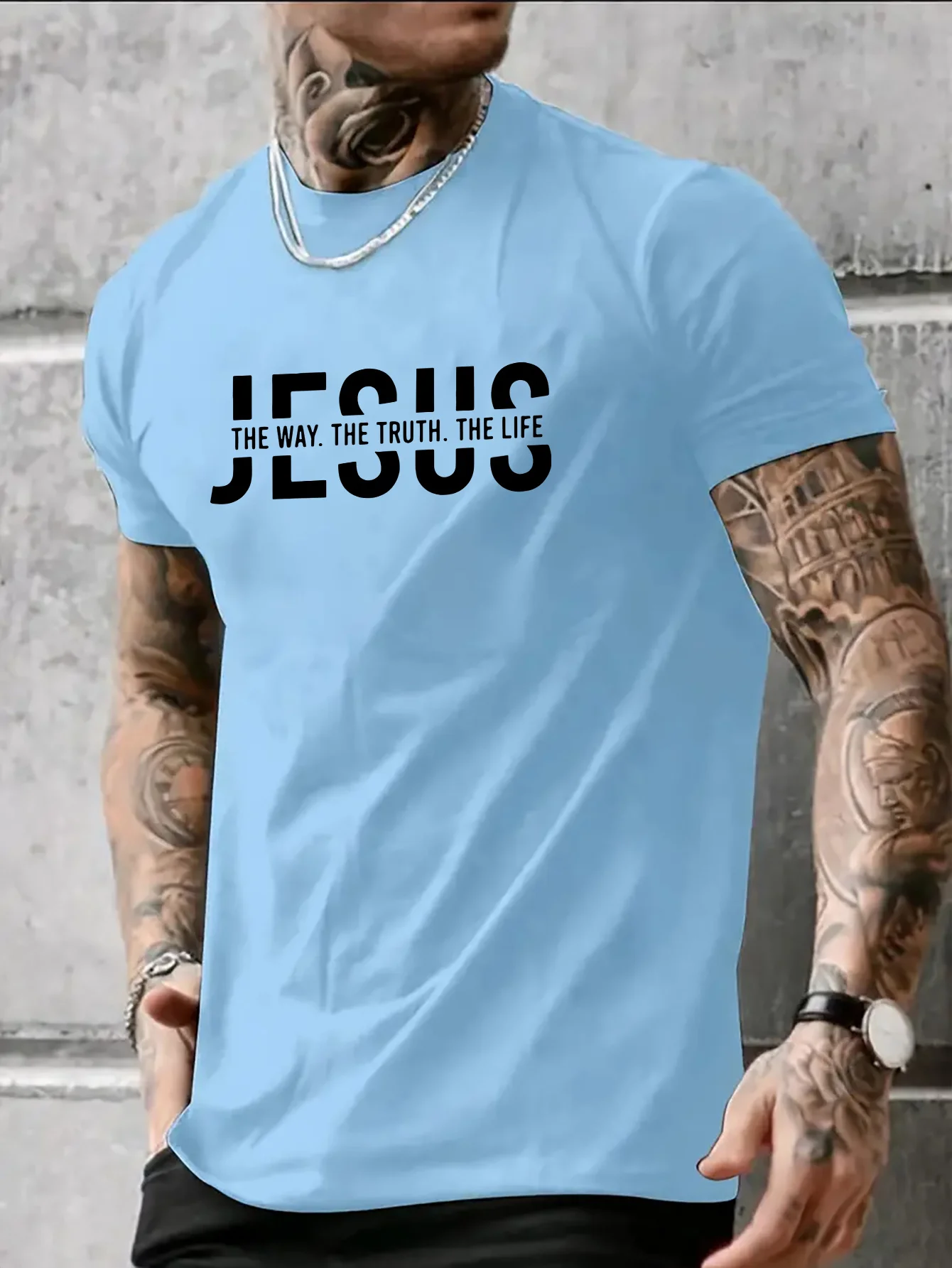 Summer men's 100% pure cotton casual loose fit Jesus Way truth life letter printed round neck short sleeved T-shirt top image 5