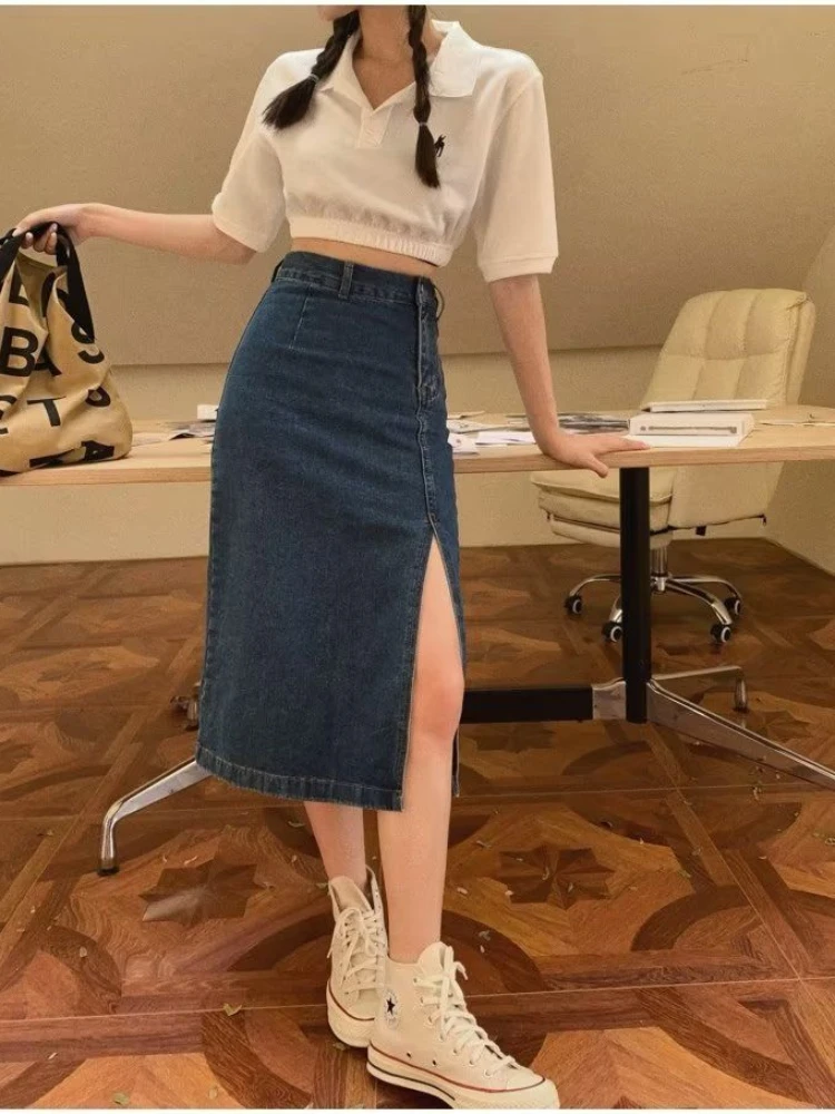 Denim Skirts Women Solid Side-slit High Waist Button Loose Korean Style Retro A-line All-match Asymmetrical Design Students Slim