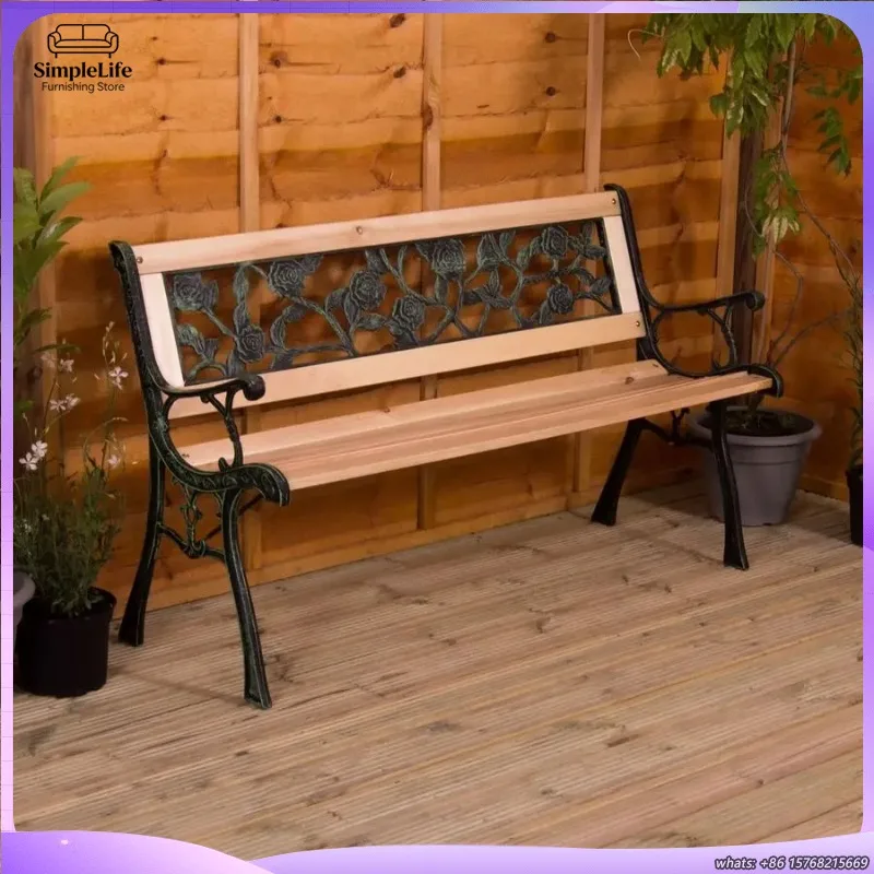 

Садовая скамья на 3 места с деревянными планками и чугунными ножками для патио, парка, двора, декор в стиле роз, рустик-модерн