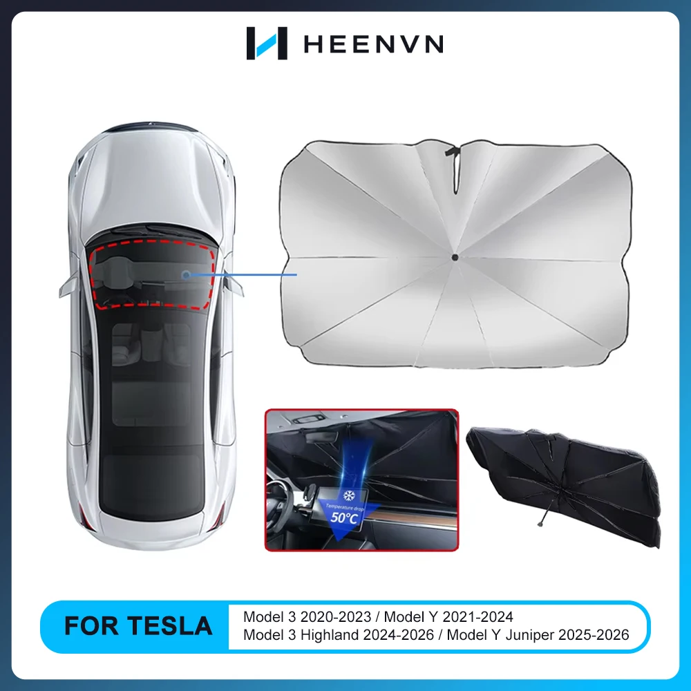 Heenvn Auto-Windschutzscheiben-Sonnenschutz für Tesla Model 3 Y Model 3 Highland Model Y Juniper 2026 Faltbarer Sonnenschutz-Schirm