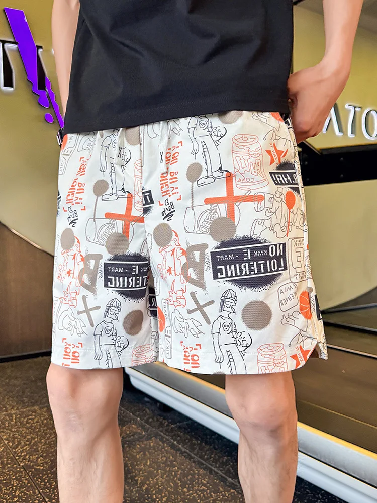 Summer Ice Silk Thin Printed Men's Shorts Beach Vacation Beachside Casual Straight Leg Length Youth Fashion Geometric Pattern