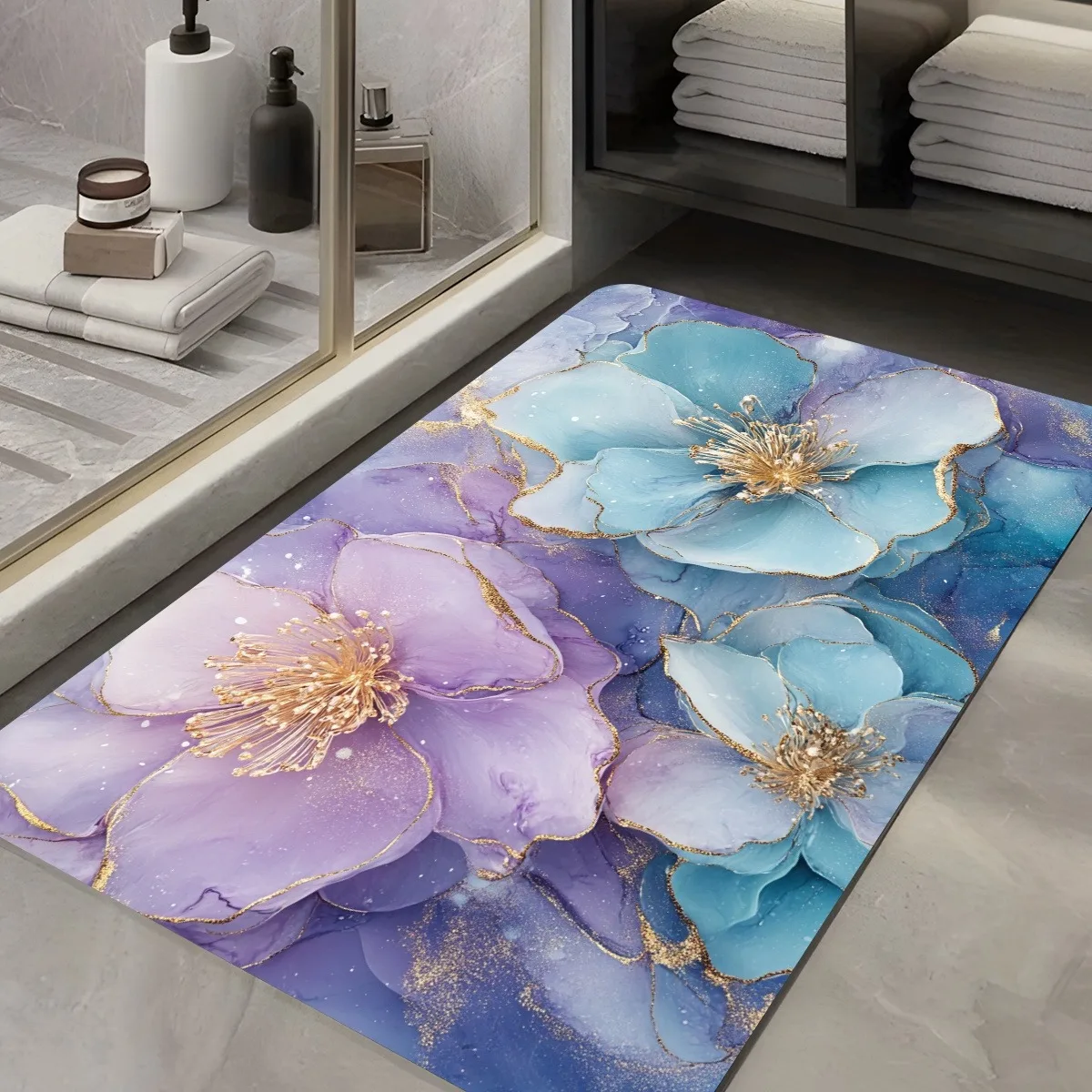 Stunning Watercolor Floral Print Doormat for Home Entryway Decor Blue Purple Flower Mat Polyester Durable Indoor Outdoor Welcome