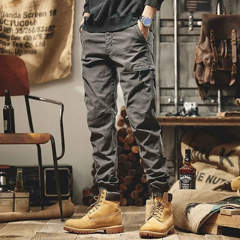 

Мужские повседневные брюки в американском стиле, весенне-осенние, новые, облегающие, с манжетами, из чистого хлопка, в стиле ретро, рабочая одежда, модный бренд