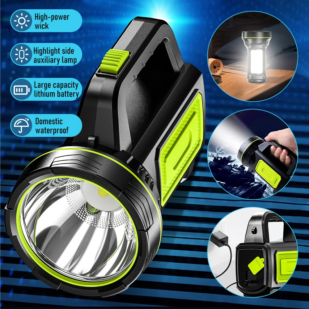 LED Flashlight Searchlight Solar Double HeadHand Light USB Rechargeable  Torch Flashing COB Side Light Emergency Lamp Lighting