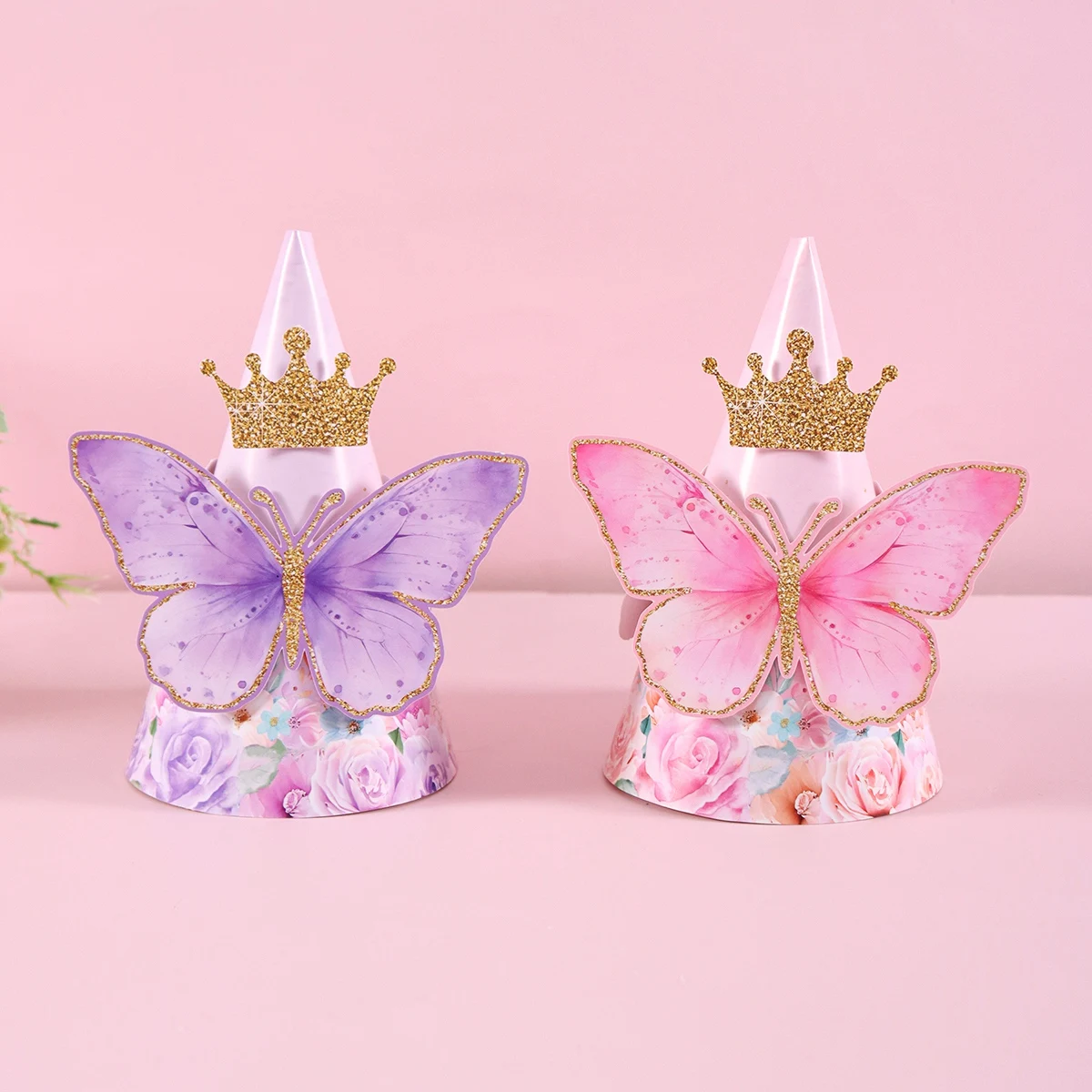 6pcs Mixed Pink Purple Butterfly Party Hats with Elastic String Paper Birthday Hat with Butterfly Stickers for Girls Photo Props view 5