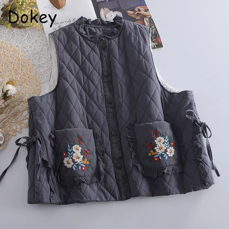 Vintage Embroidery Winter Parka Vest Women Japanese Mori Girl Ruffled Loose Sleeveless Cotton Padded Jacket Chaqueta Mujer