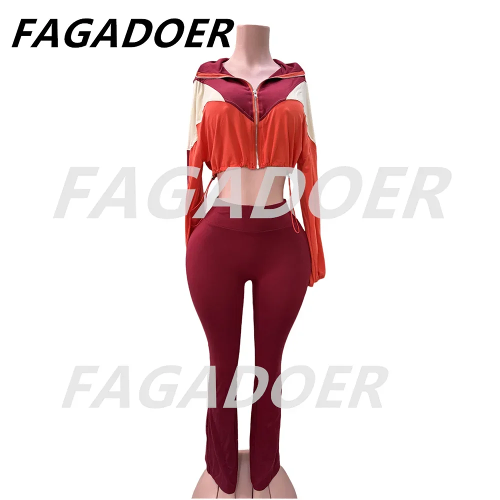 FAGADOER Color Block Street 2 Piece Set Outfit Casual Zip Drawstring Crop Top + High Waist Flare Pants Suit Autumn New Activwear