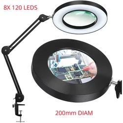 2023 NEW 200MM Diam 120 LED 8X Magnifying Glass for Reading Soldering station phone with LED light stand Illuminated magnifier