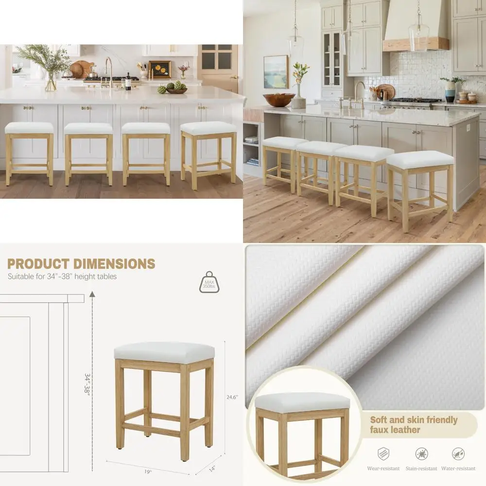 Set of 4 White Counter Height Bar Stools, Modern Farmhouse Style, Backless with Faux Leather Upholstery