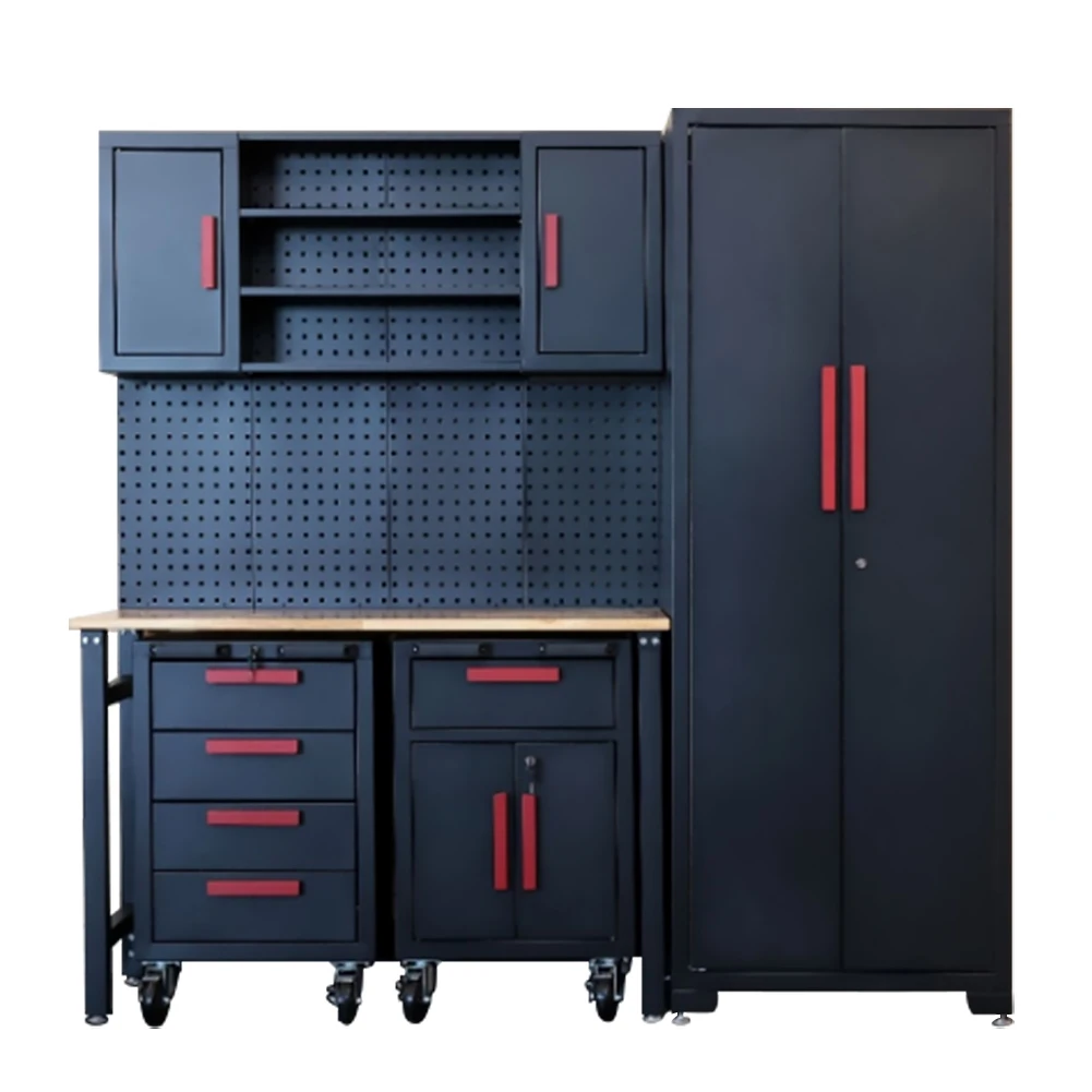 

6-Pcs Workshop Storage Cabinet Set in Black with Workbench - for Organizing Garage and Tools - Included Steel Cabinets Drawers