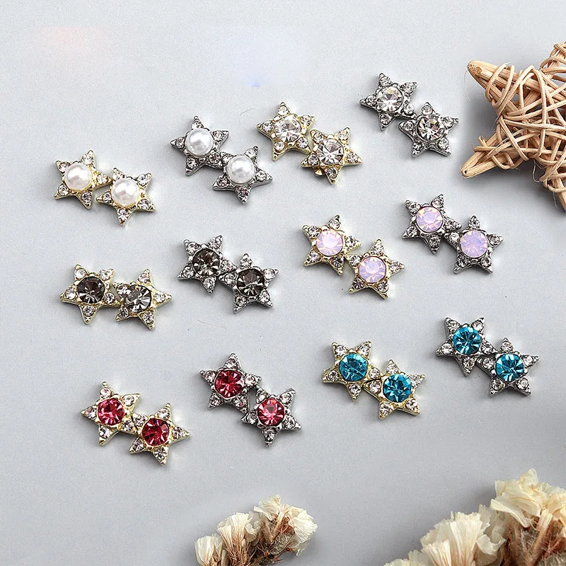 

10Pcs Alloy Star Shaped Nail Art Crystal Rhinestones Pearl/Crystal Metal 3D Decals Gold/Silver Charms Jewelry For Nails Supply