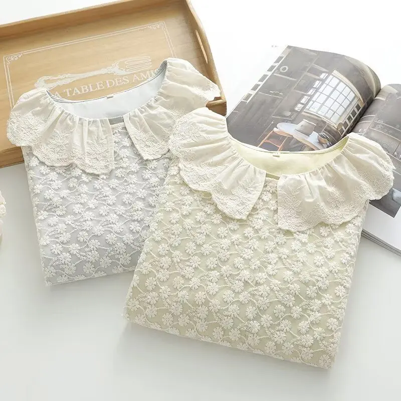 ใหม่2025ฤดูร้อนผ้าฝ้ายเสื้อชุด2ชิ้นผู้หญิงTurn-Downคอเย็บปักถักร้อย, Moriสาวหวานแขนสั้นชุดS55824CC