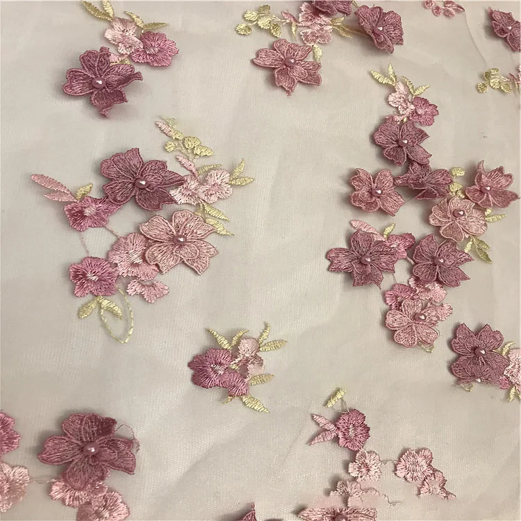 5Yards 125cm 3D Floral Embroidery Mesh Bubble Bead Clover Embroidery Fabric Mesh Fashion Dress Fabric