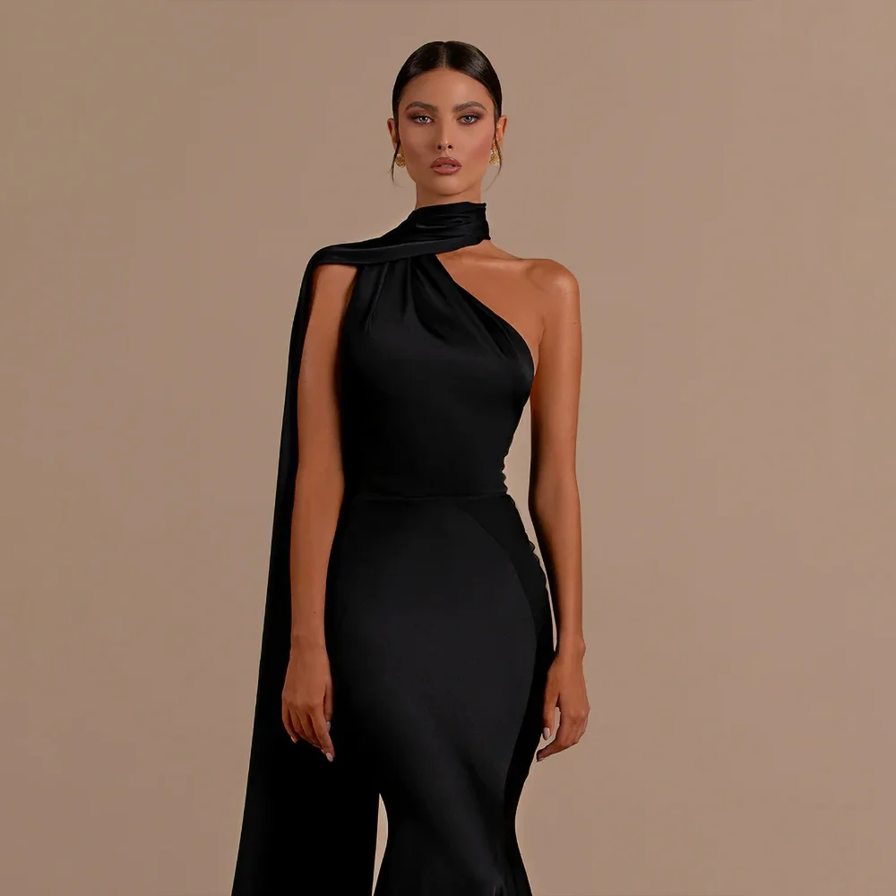 Preto cetim feminino vestidos de noite moda halter sem mangas até o chão baile sereia vestidos chiques clássicos vestidos de festa de casamento