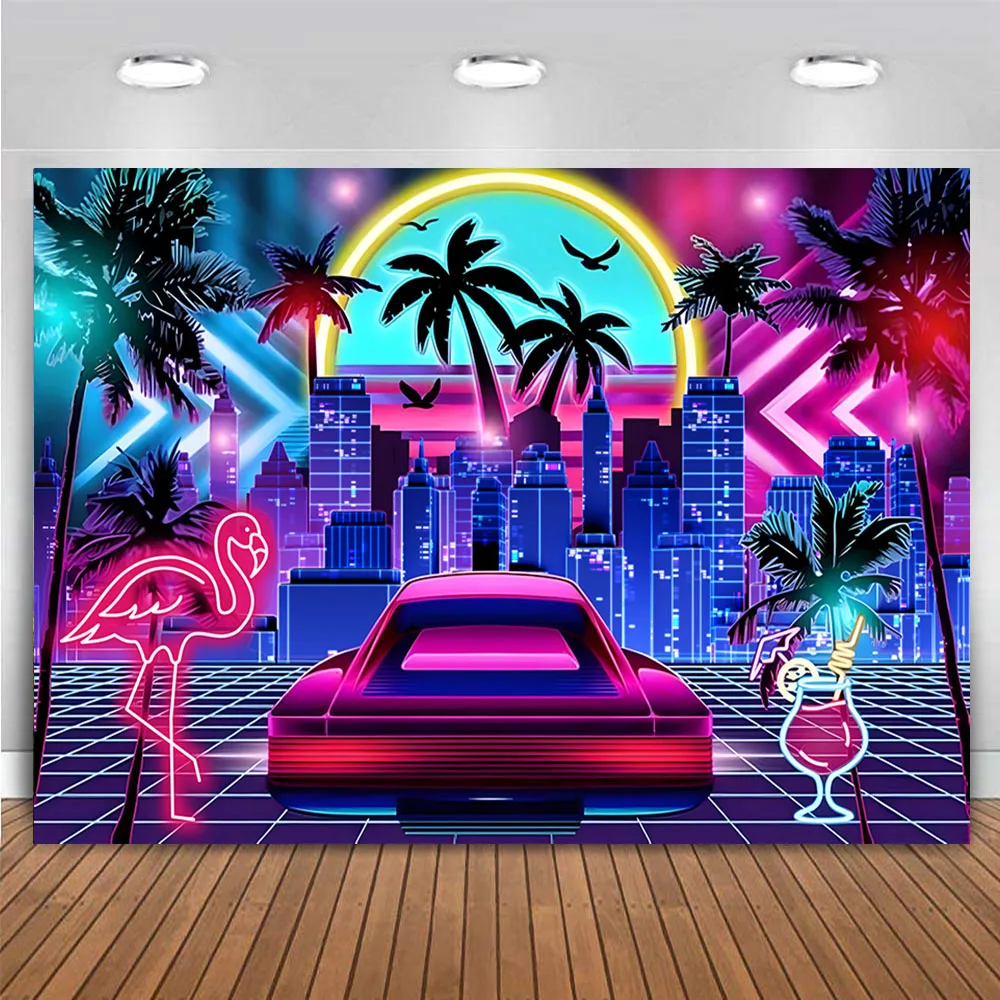 Miami Beach Florida City landscape landmark USA Havana 1980s Neon Night Birthday Party Decor Backdrop Banner Trip Background