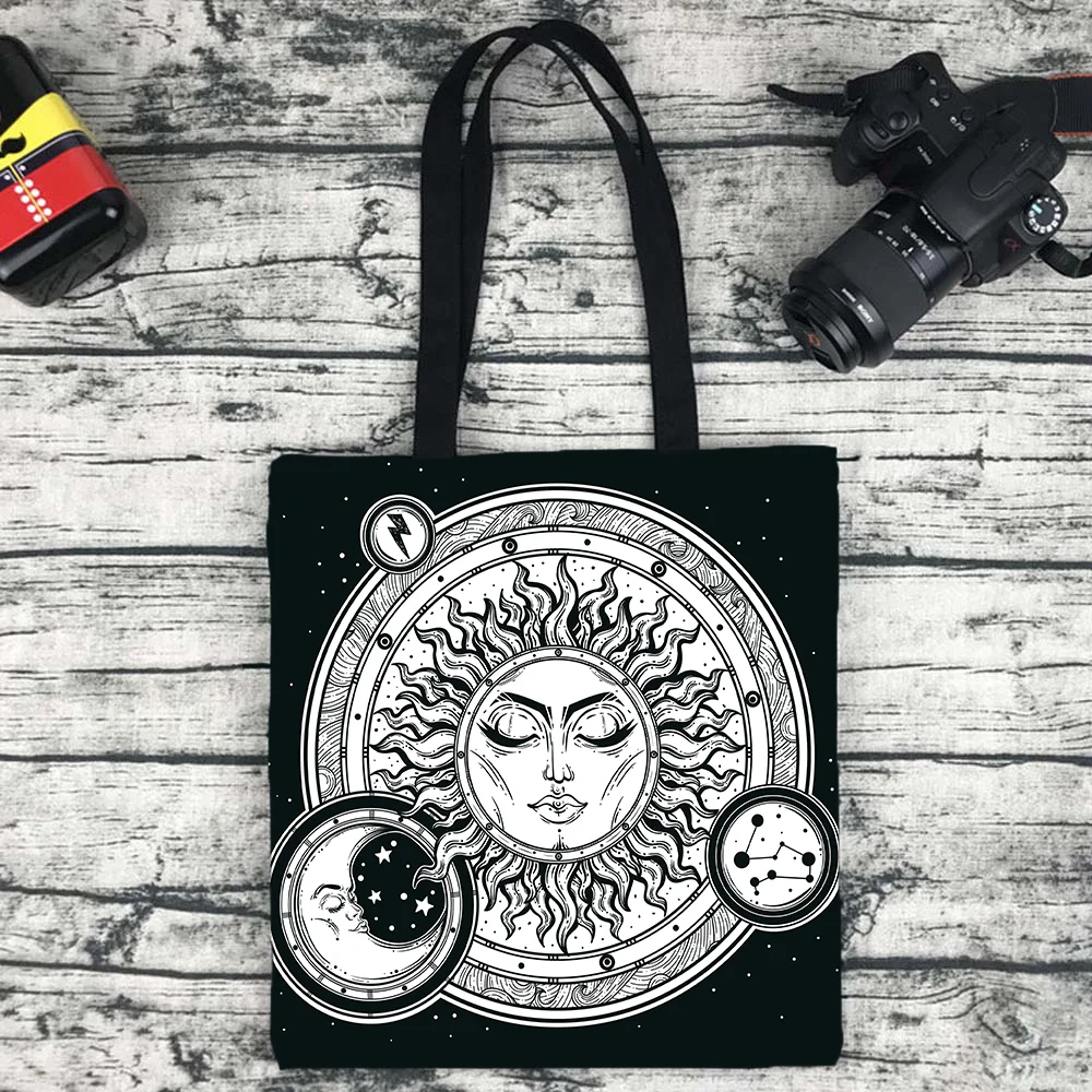 White Black Sun Moon Mandala Starry Sky Print Eco Tote Bohemian Shopper Gypsy Psychedelic Witchcraft Astrology Handbags Purses