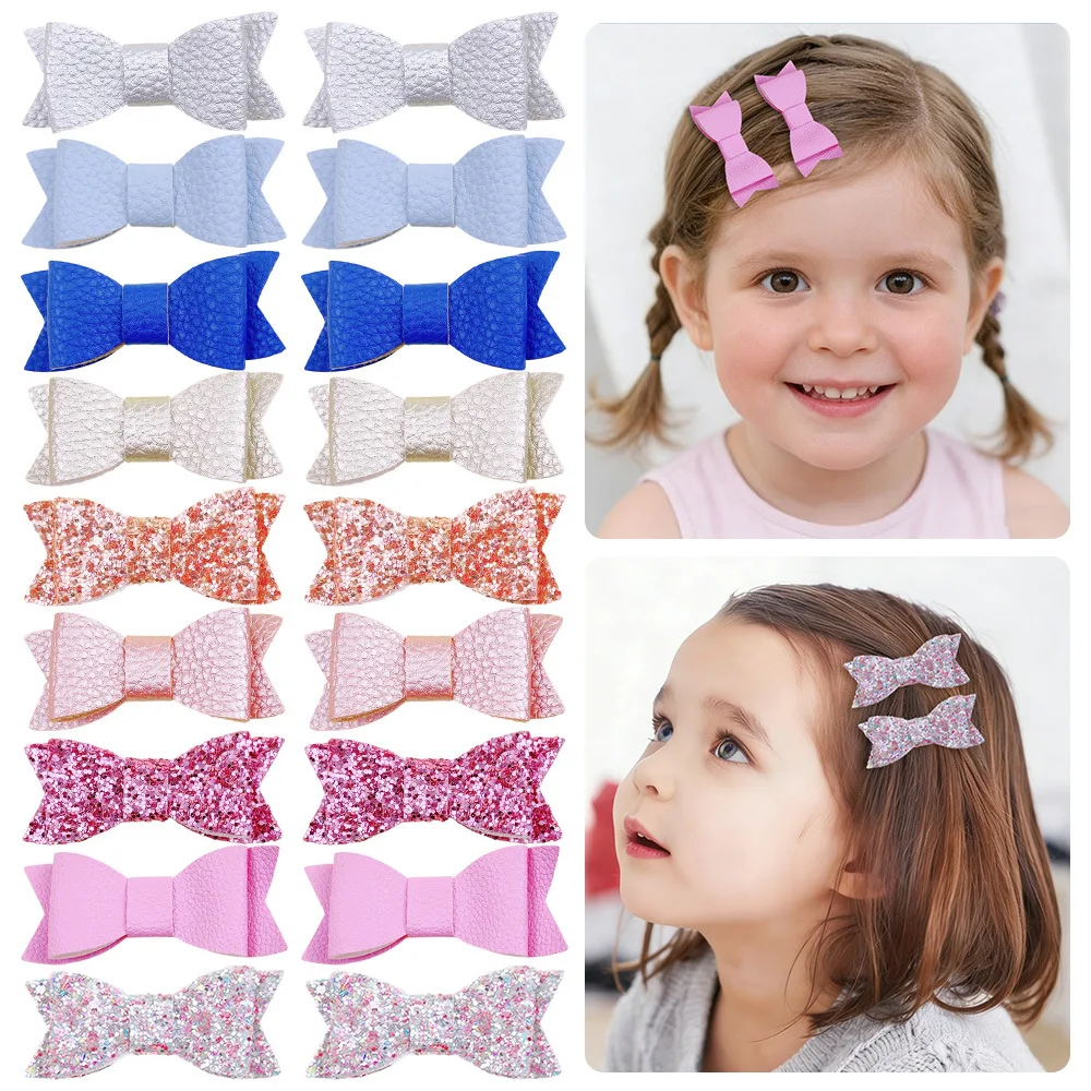 45 Pcs/Lot, 3.15” Synthetic Leather Bow Hair Clip Cute Glitter Bow Hairpins Baby Girls Hair Accessories