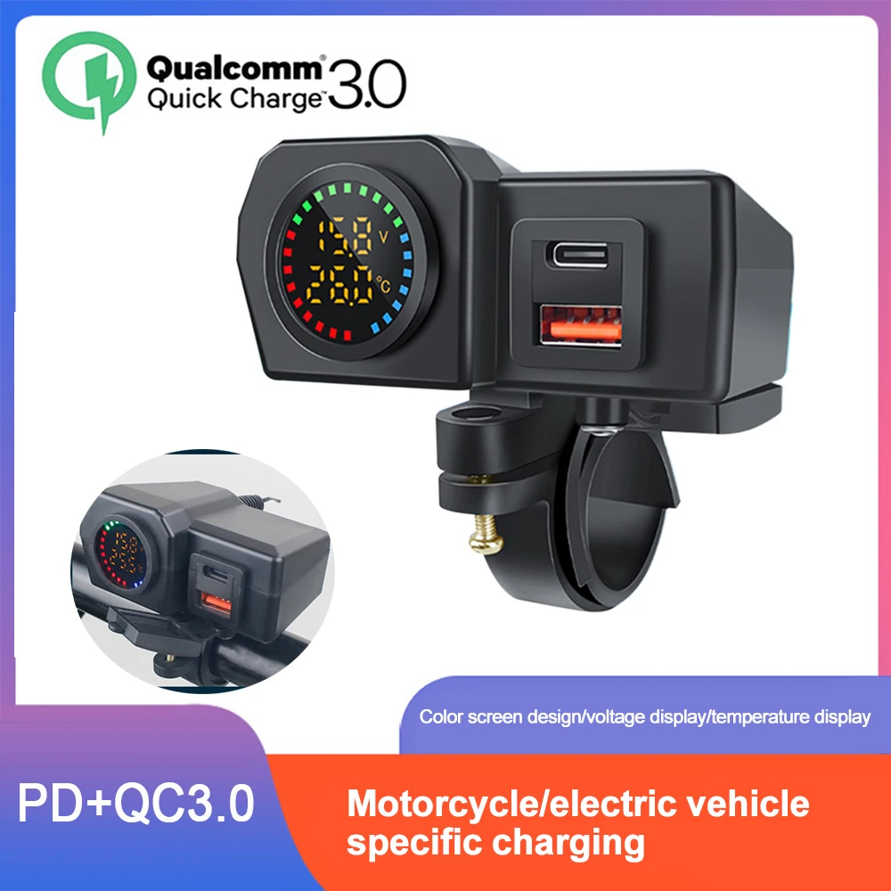 

Motorcycle USB Charger QC3.0 PD Handlebar & Rear Mirror Fast Charger Digital Voltmeter Thermometer Motorcycle Accessories