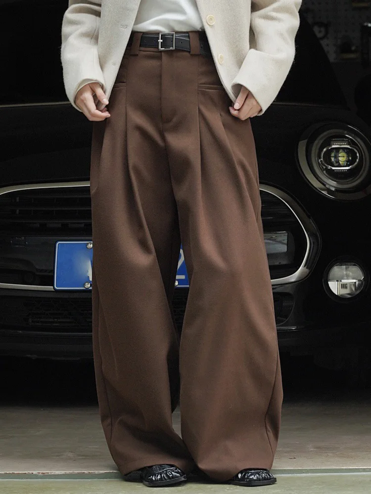 [EAM] High Waist Brown Pleated Casual Long Wide Leg Pants New Loose Fit Trousers Women Fashion Tide Spring Autumn 2024 1DF4423