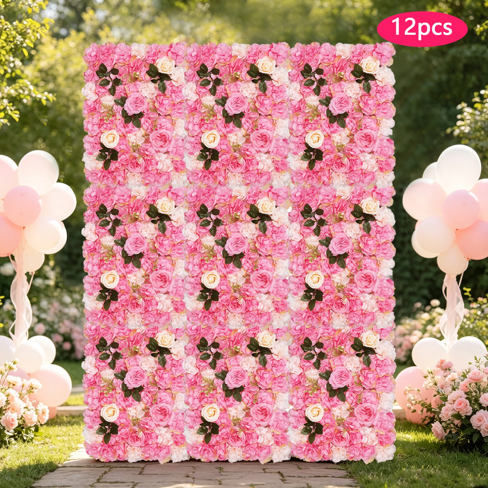 Flower Wall Panel - 12枚組フラワーウォールパネル、人工シルクフラワー、ウェディング背景、12枚組ピンクダリアローズ、手作り60x40cm、屋内外兼用、組み立て不要、パーティー通路や子供部屋用