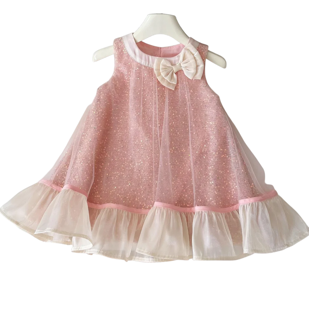 

Summer Girls' Dress New Style Girl Sleeveless Bow Mesh Dress Girls' Cute Temperament Princess Dresses