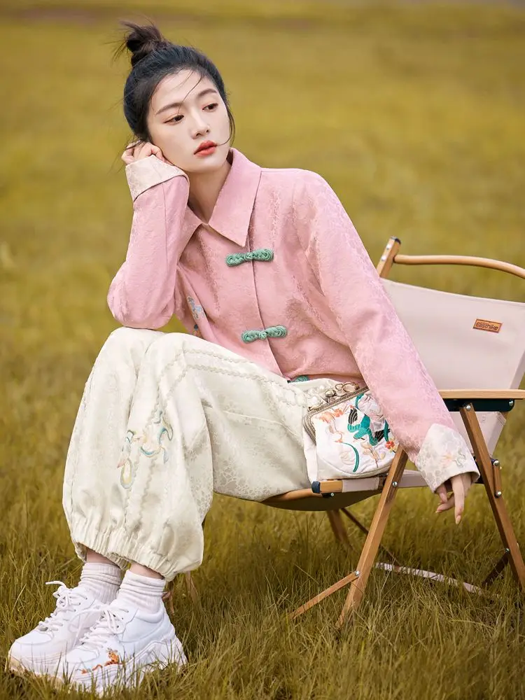 Traditional Chinese Clothing Embroidery Fashion Set Women\'s Coat Top Casual Pants Two Piece Set Spring and Autumn Modern Student