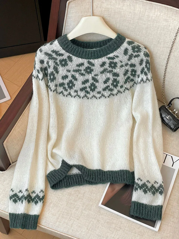 French Style Geometric Design O-Neck Sweater Women Y2k Elegant Loose Knitted Pullover Autumn 2024 Sweet Vintage Long Sleeve Top