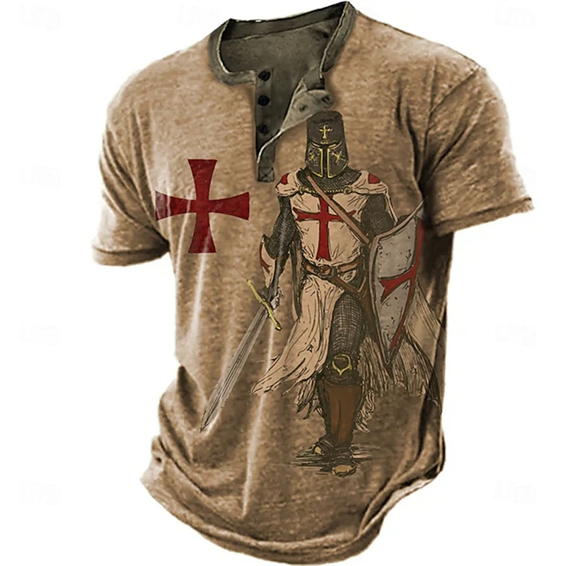 Men's Henry-Collar Short-Sleeve T-Shirt Knights Templar Crusader Print Short-Sleeve Casual Button-Down Washed Vintage Top