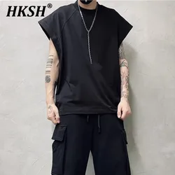 HKSH Men's Tide Punk Summer New Retro Cotton Loose Tops Trend Patchwork Vest Chic Fashion Casual Sleeveless T-shirts Dark HK1115