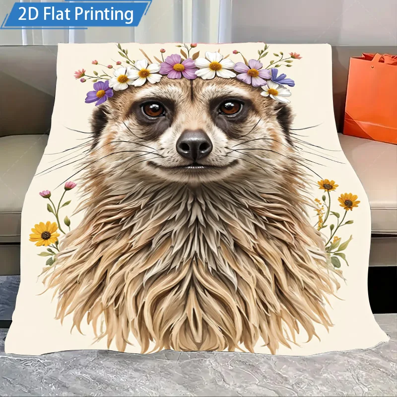 

1pc Flannel Blanket Floral Meerkat Print Blanket Soft Cozy Throw for Living Room Bed Decor 2D Flat Printing Design