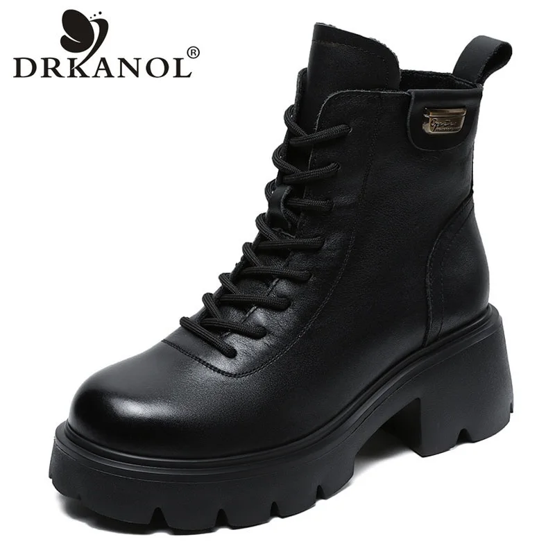 DRKANOL High Quality Genuine Cow Leather Platform Boots Women Winter Thick High Heel Height Increasing Warm Ankle Cotton Boots