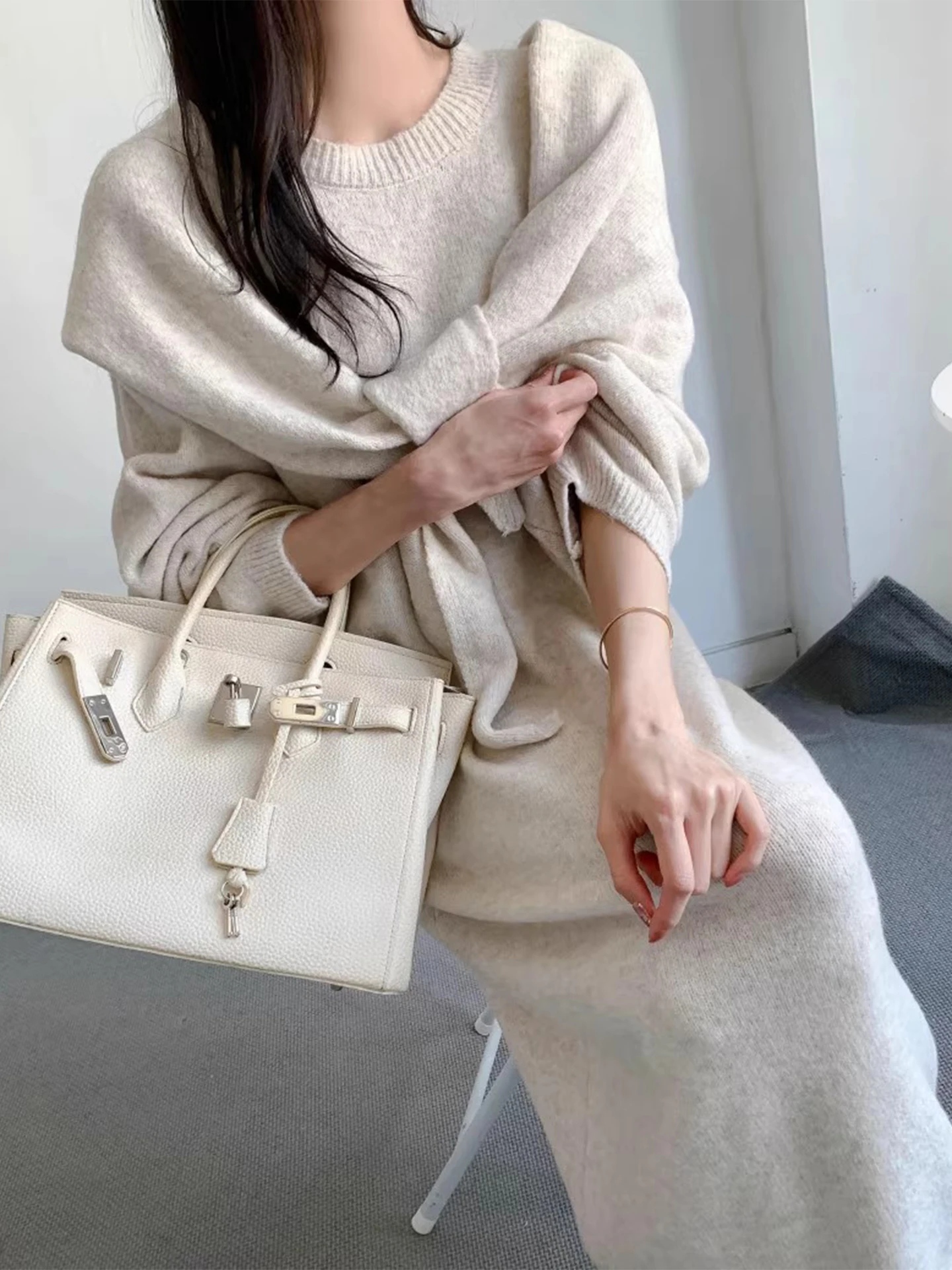 Faionable Thiened Knitted Dr Set para mujer Invierno 2025 Color puro Cintura alta Chic Largo Sve redondo Ne Loose Fit Two...