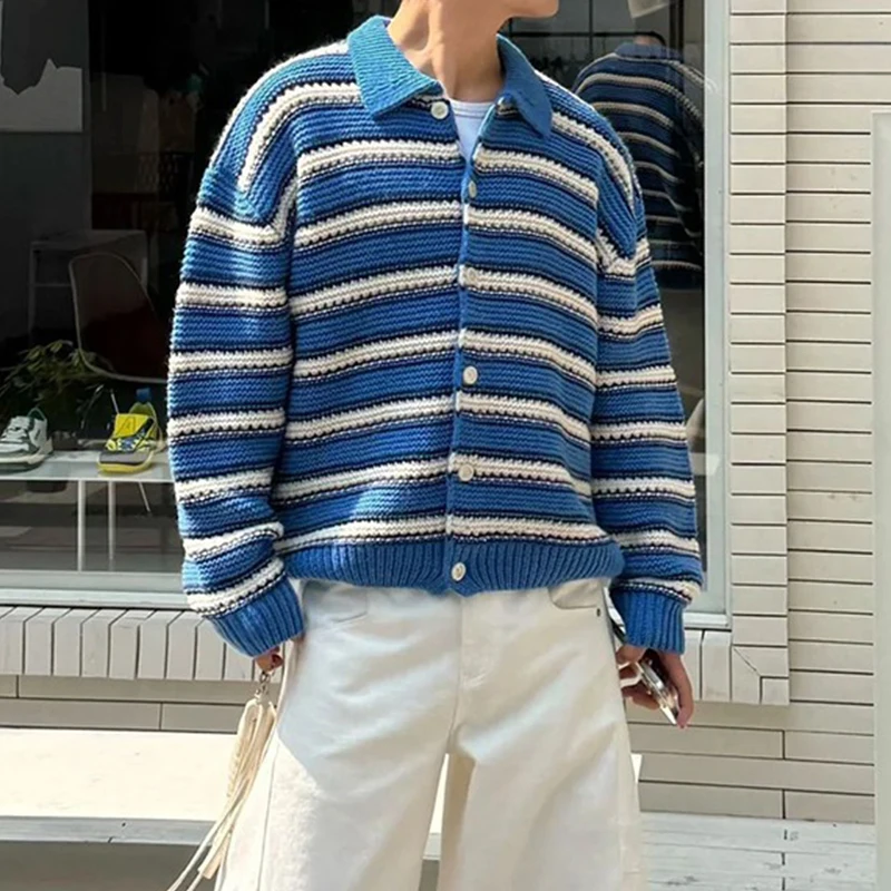 Vintage Striped Crochet Mens Sweater Jackets Casual Button-up Turn-down Collar Knit Cardigans Men Spring Autumn Fashion Sweaters