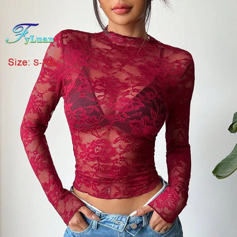 

2025 модная кружевная футболка с базовым слоем, женская облегающая базовая внутренняя футболка с длинным рукавом, сексуальная однослойная женская футболка с вырезами