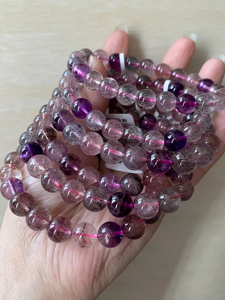 Natural Super Seven Purple Hair Three-Wheel Backbone Super Seven Bracelet Female Mica Film Strawberry Jewelry Bracelet Female